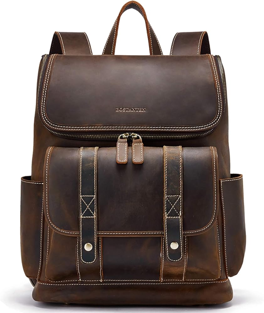 BOSTANTEN Leather Backpack for Men 15.6 inch Laptop Backpack Vintage Travel Office Bag Large Capacity Shoulder Bag Coffee