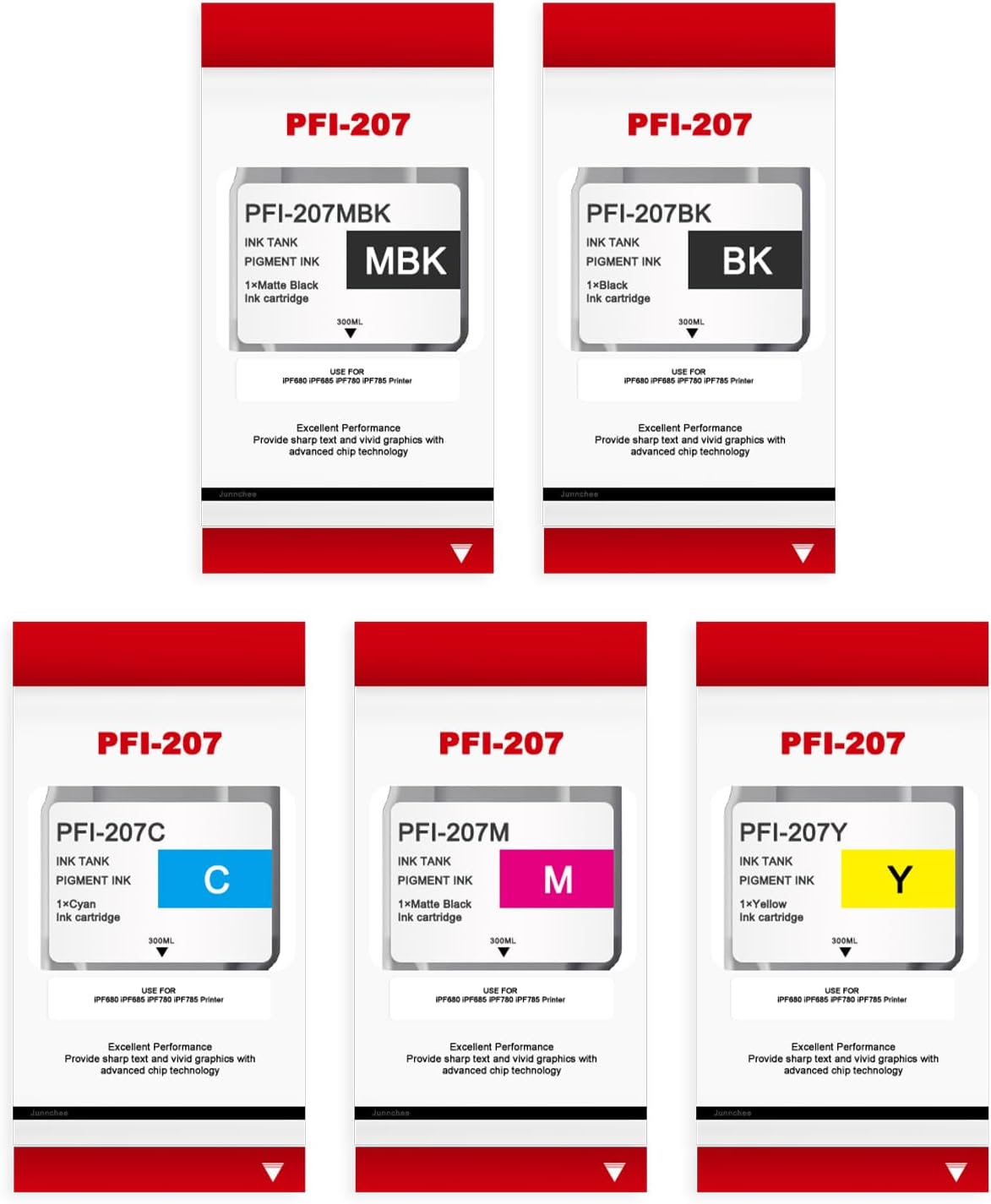 PFI-207 Ink Tank (MBK/BK/C/M/Y, 300ml) Replacement for Canon PFI207 PFI-207MBK PFI-207BK PFI-207C PFI-207M PFI-207Y Ink Cartridge for IPF680/685/780/785 (Matte Black, Black Cyan Magenta Yellow)
