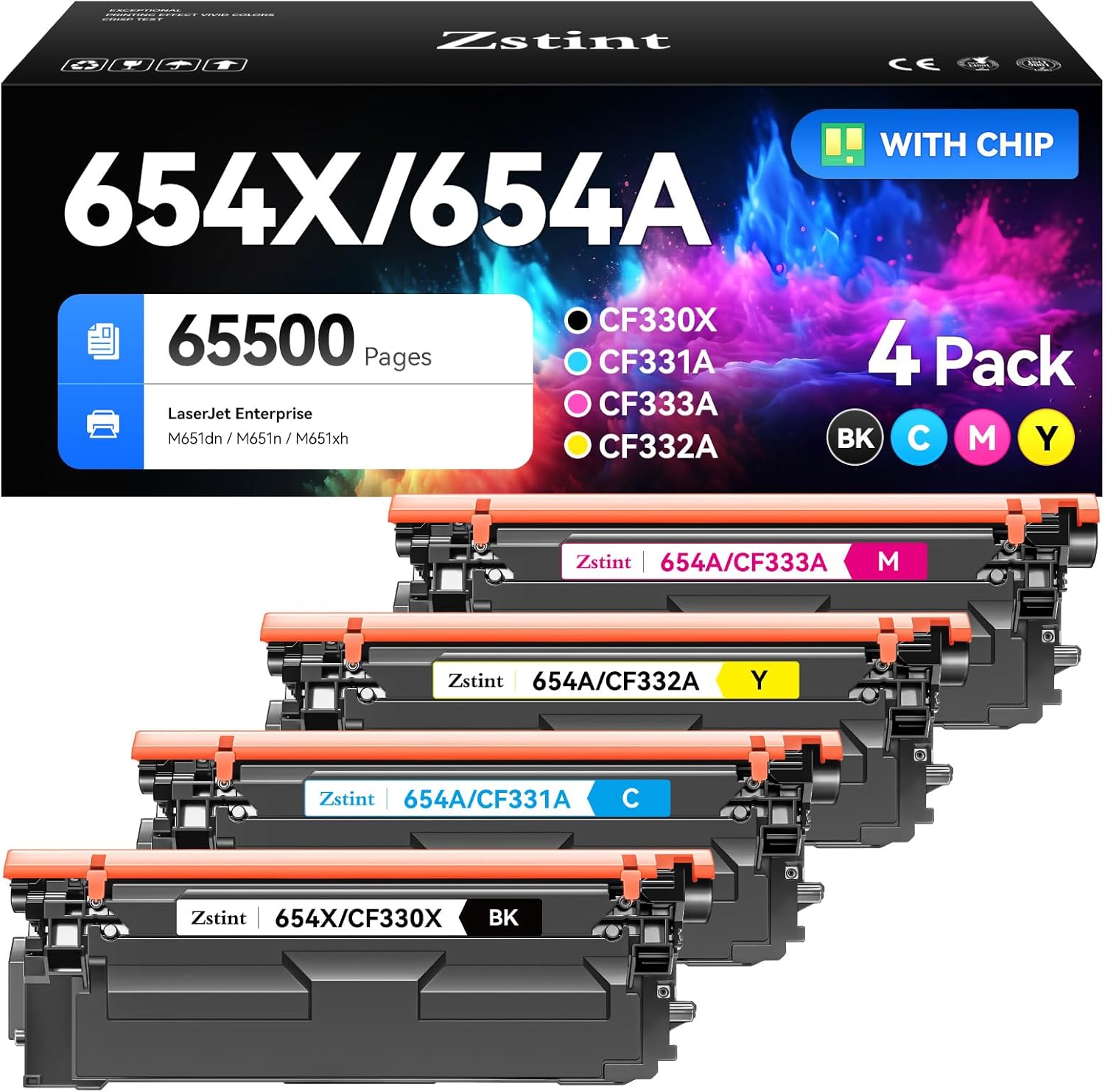 654X 654A Toner Cartridge 4-Pack High Yield Replacement for HP 654X 654A CF330X CF331A CF332A CF333A Compatible with HP Color LaserJet Enterprise M651dn M651n M651xh Printer Black Cyan Magenta Yellow