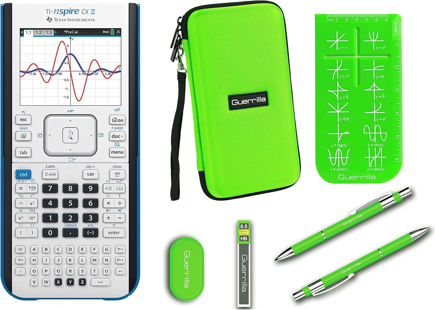 Texas Instruments Ti Nspire CX II Graphing Calculator + Guerrilla Zipper Case + Essential Graphing Calculator Accessory Kit, Green
