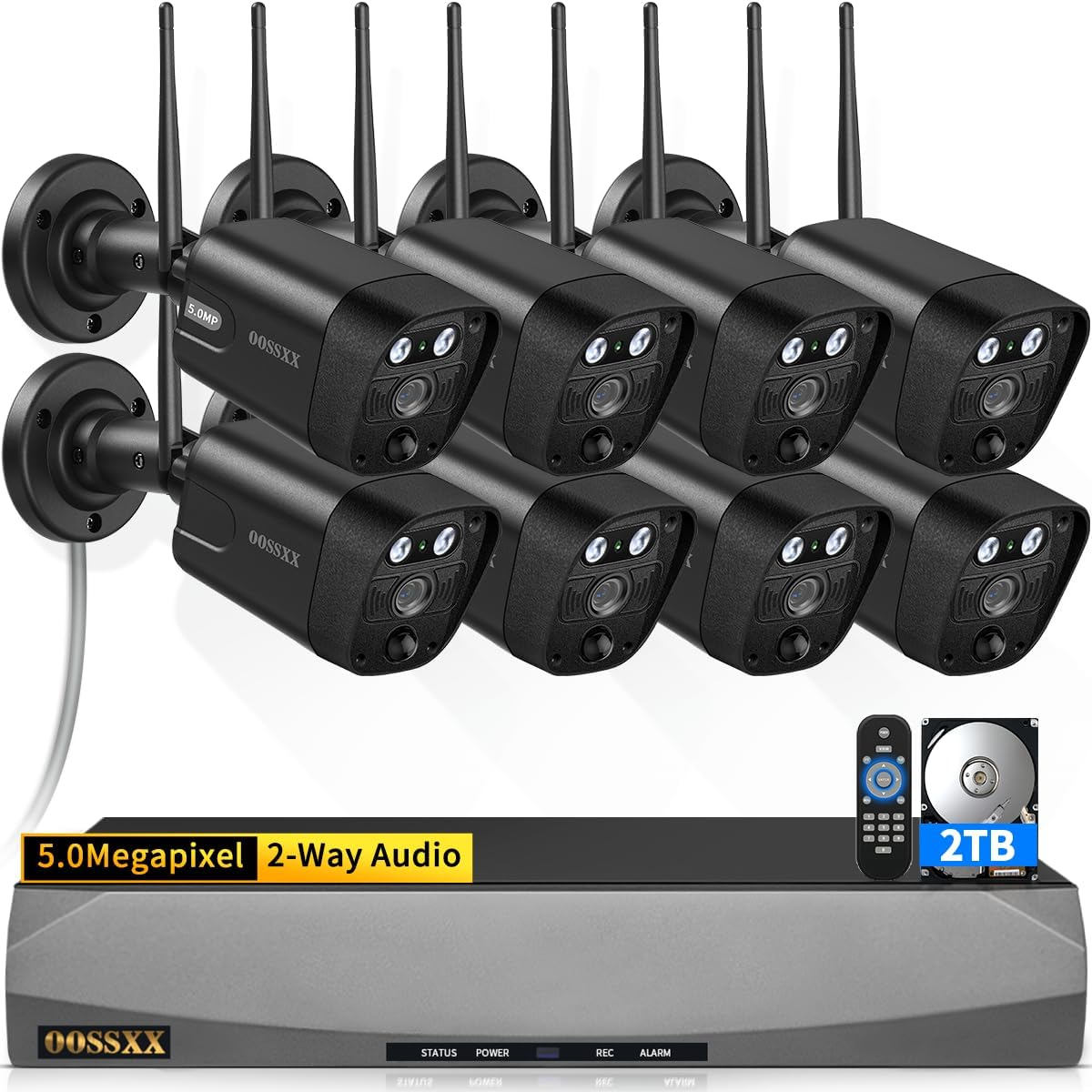 OOSSXX 2-Way Audio & PIR Detection Dual Antennas Outdoor Wireless Security Camera System 5.5MP Wi-Fi Video Surveillance DVR Indoor