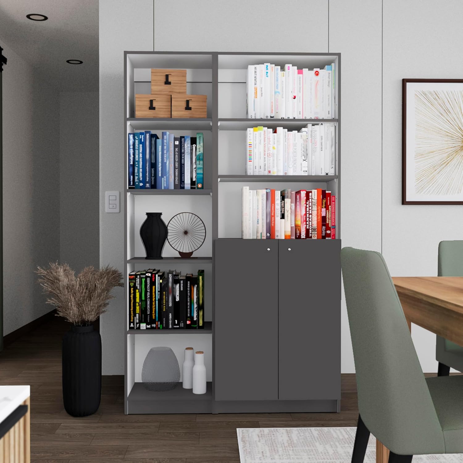 agnixnaf Gray Bookshelves Set of 2 with 6 Shelves, Lower Double Door, Rectangular Bookcase, Modern, for Office, Bedroom, Living Room, Study Room