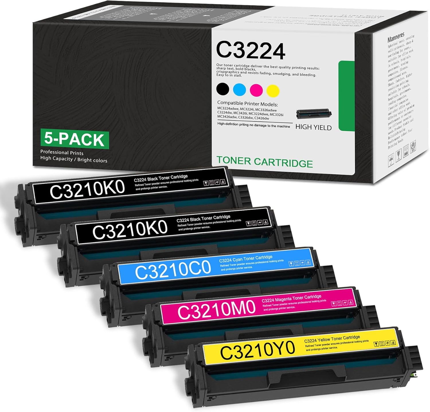 C3224 Toner Cartridge Compatible for Lexmark C3210C0 C3210K0 C3210M0 C3210Y0 CMYK 5-Color Return Program Toner Cartridge Set Replacement for Lexmark C3224 C3326 MC3224 MC3326 Printer Toner