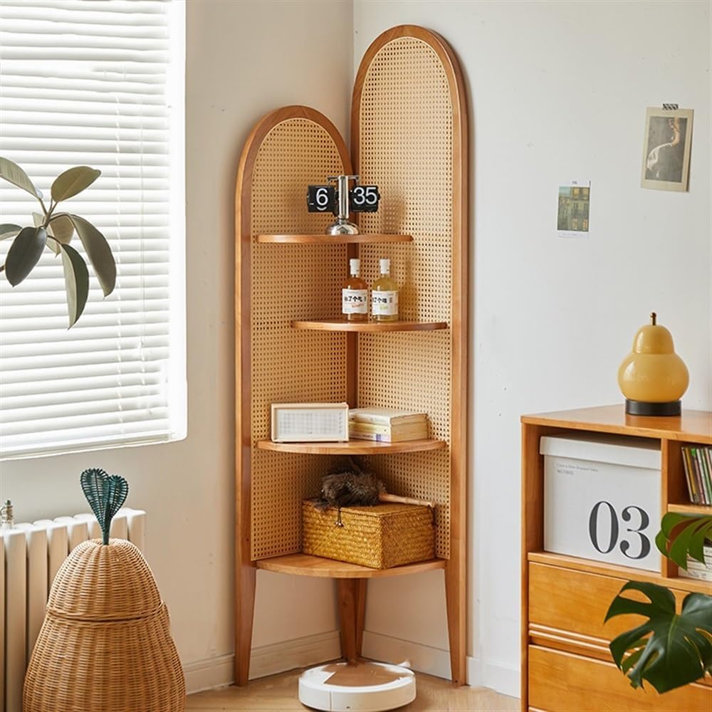 Miusocal Free-Standing Wood Corner Display Shelf, Tall Bookcase, Display Corner Shelving Unit with Storage, Wood Rattan Storage Rack, Decorative Screen Shelf for Bedroom(Orange)