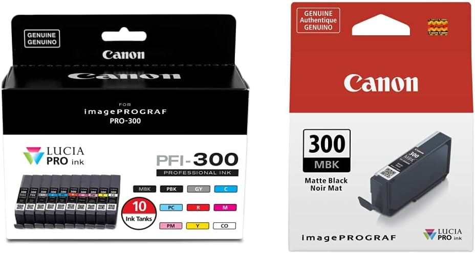 Canon PFI-300 Lucia PRO Ink, 10 Ink Tanks, Compatible to imagePROGRAF PRO-300 Printer, Multi, Standard (4192C007) and Canon PFI-300 Lucia PRO Ink, Matte Black, Compatible to imagePROGRAF PRO-300 Printer, Standard (4192C002)