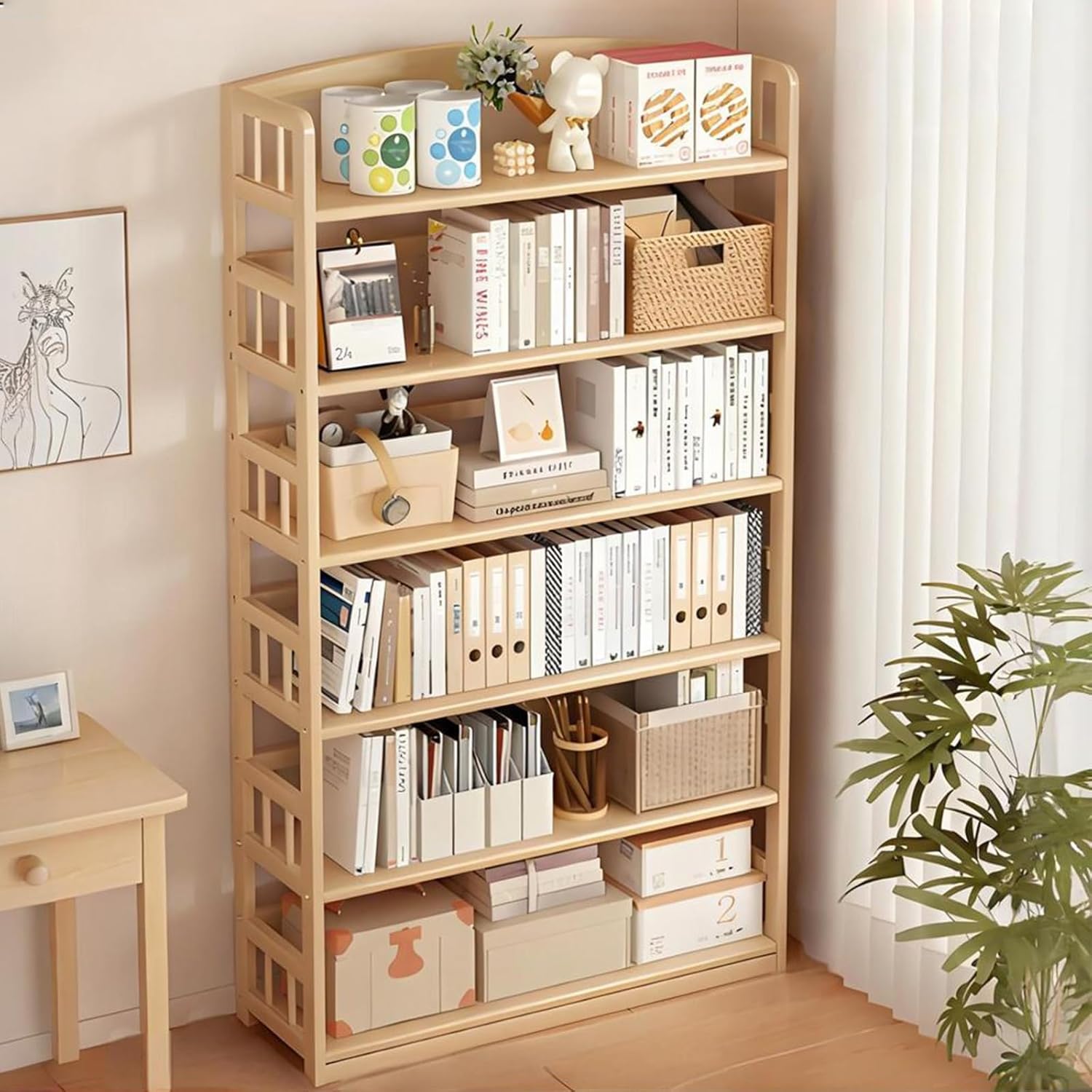 HKJBEQU Bookshelf, Open Book Shelf, Wooden Simple Bookcase Multifunctional Storage Rack for Bedroom, Living Rooms, Study, Log Color Log Color 6-Layer35.4×9.8×68.8in