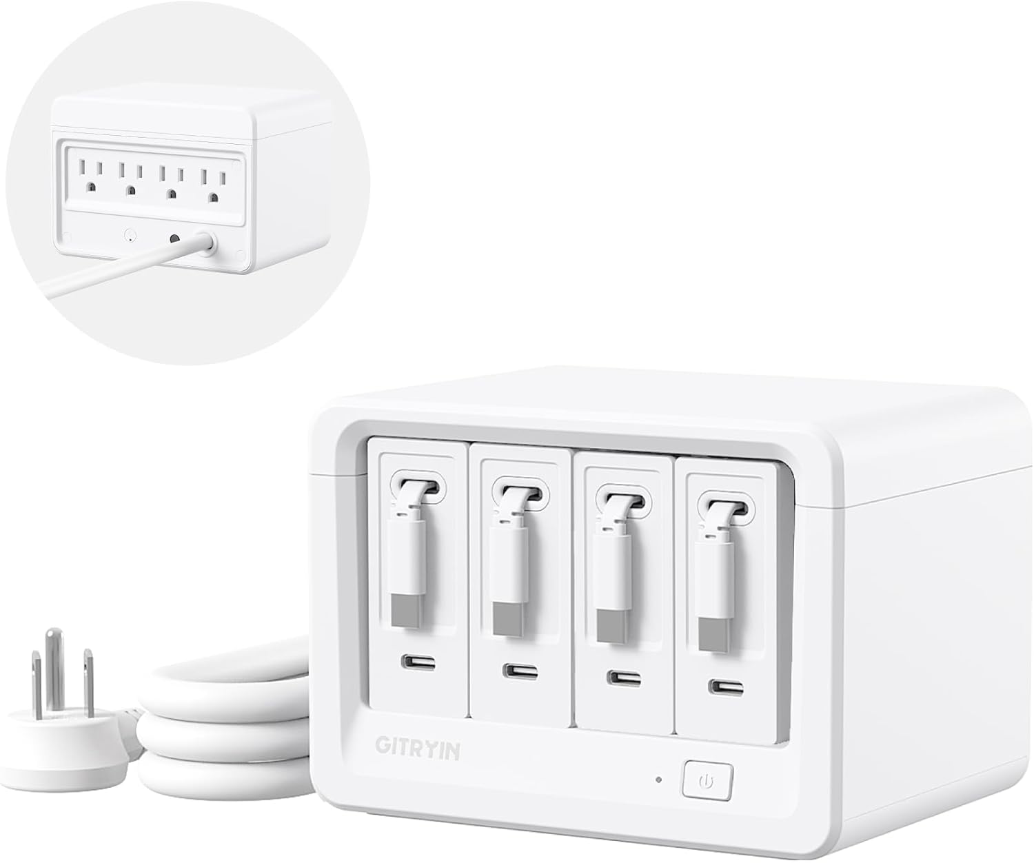 Gitryin 12-in-1 Desktop Charging Station with 4 Retractable Wall Chargers, 40W USB-C Power Strip with 4 AC, 4 USB C, 4 Type-C 33.5in Cables, Extension Cord with 1020J Surge Protection for Home Office