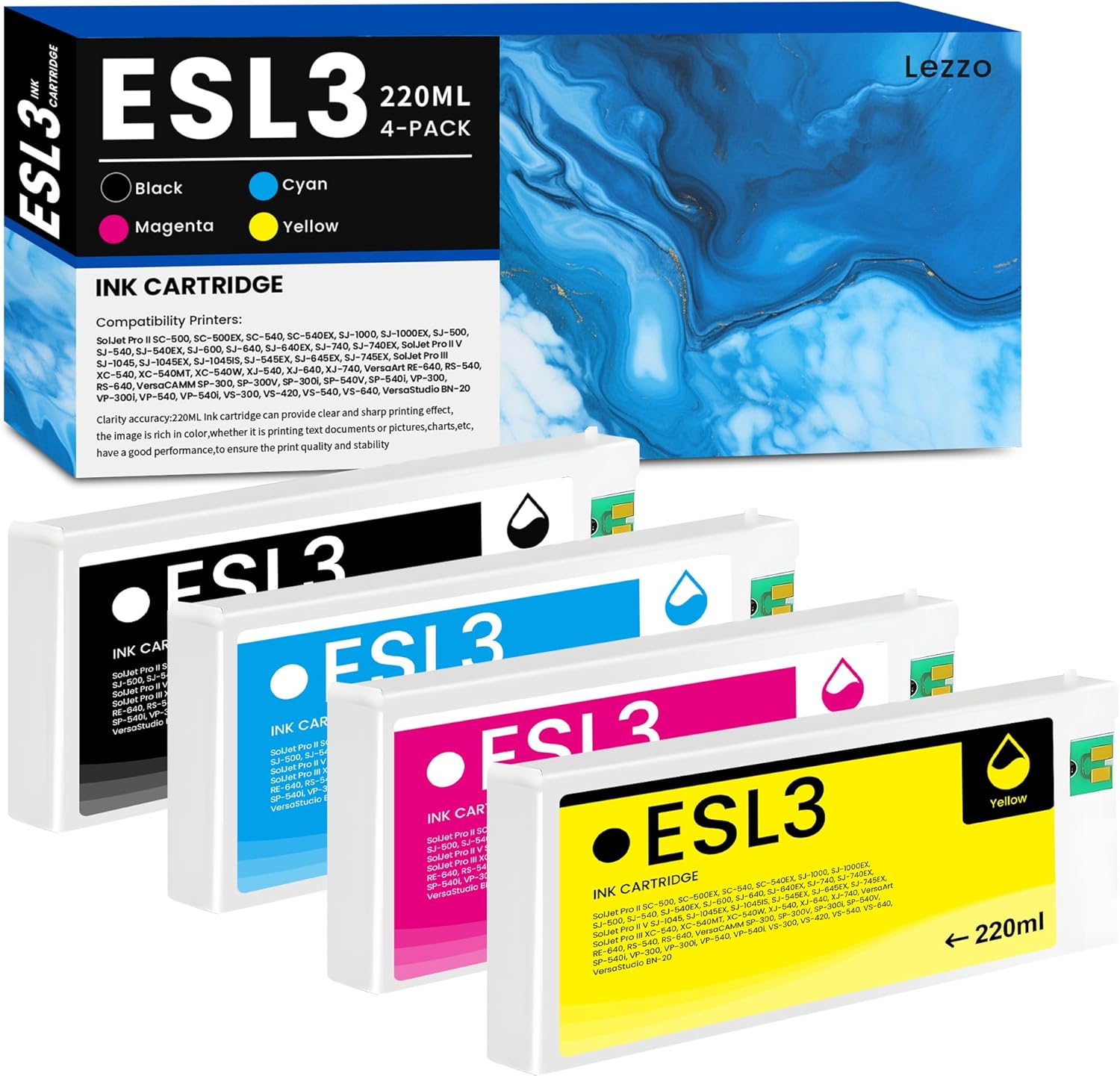 Lezzo ESL3 Compatible for Roland ECO-SOL MAX Ink Cartridge 220ml, ESL3 Ink Cartridges ESL3-CY ESL3-MG ESL3-YE ESL3-BK Ink Cartridges 4-Pack ECO-SOL MAX Ink (Black Cyan Magenta Yellow)
