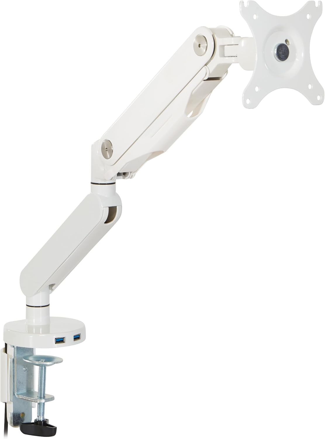 Office Star Ascend II Single Monitor Arms with Dual USB 3.0 Ports, 3-Point Rotation and VESA Mounting Bracket for 17-inch to 30-inch Monitors, White