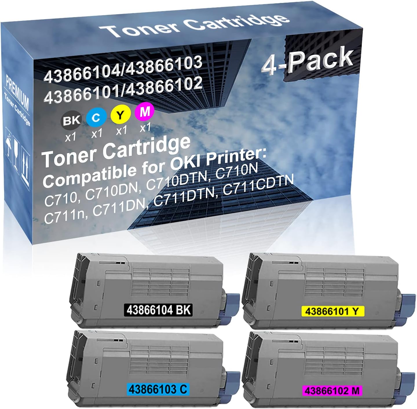 4-Pack (BK+C+Y+M) Compatible C710N, C711n, C711DN Printer Toner Cartridge High Capacity Replacement for 43866104+ 43866103+ 43866101+ 43866102 Toner Cartridge
