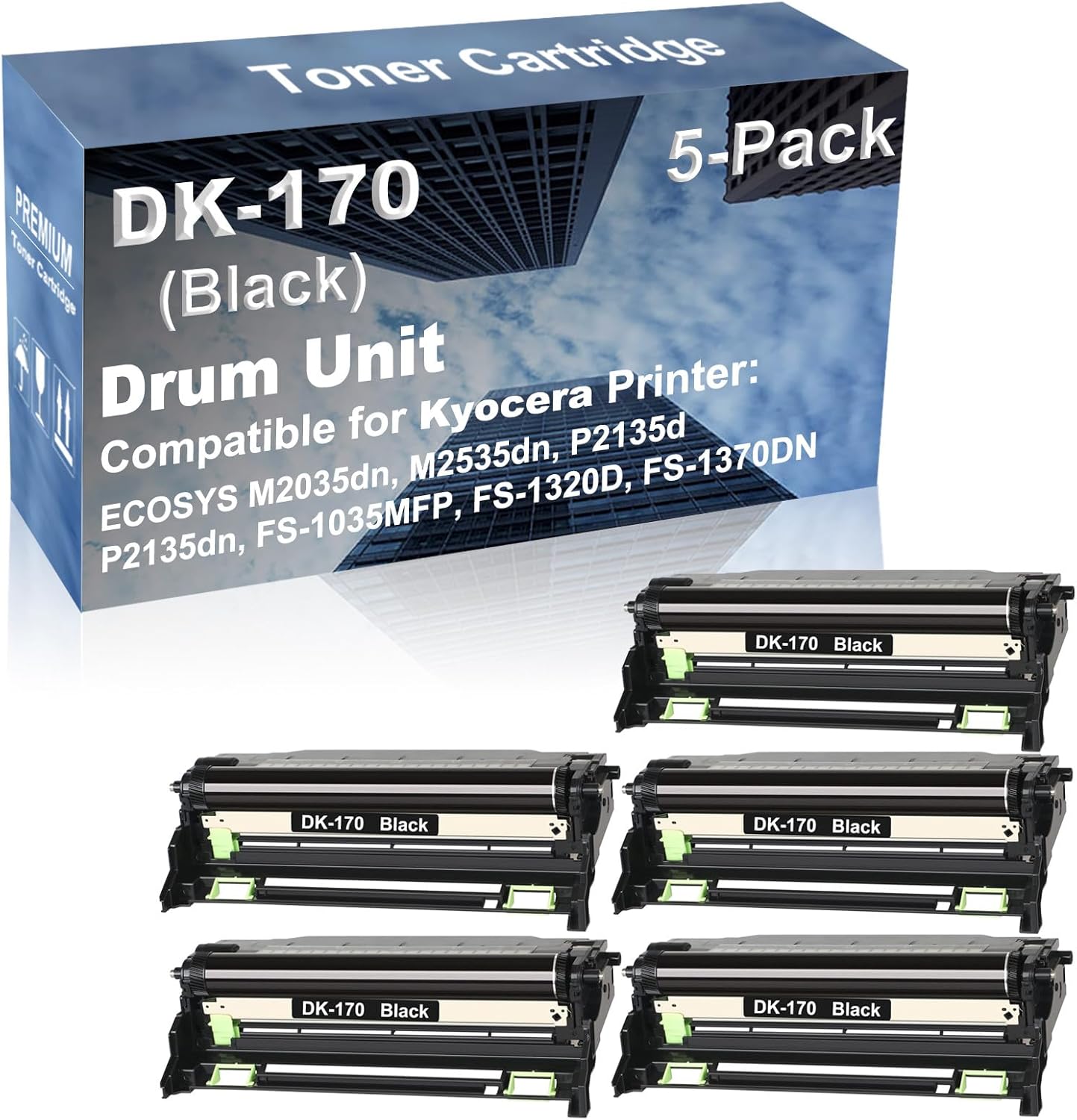 5-Pack Compatible DK170 DK150 DK1140 DK130 Drum Kit use for Kyocera ECOSYS M2035dn, M2535dn Printer (Black)