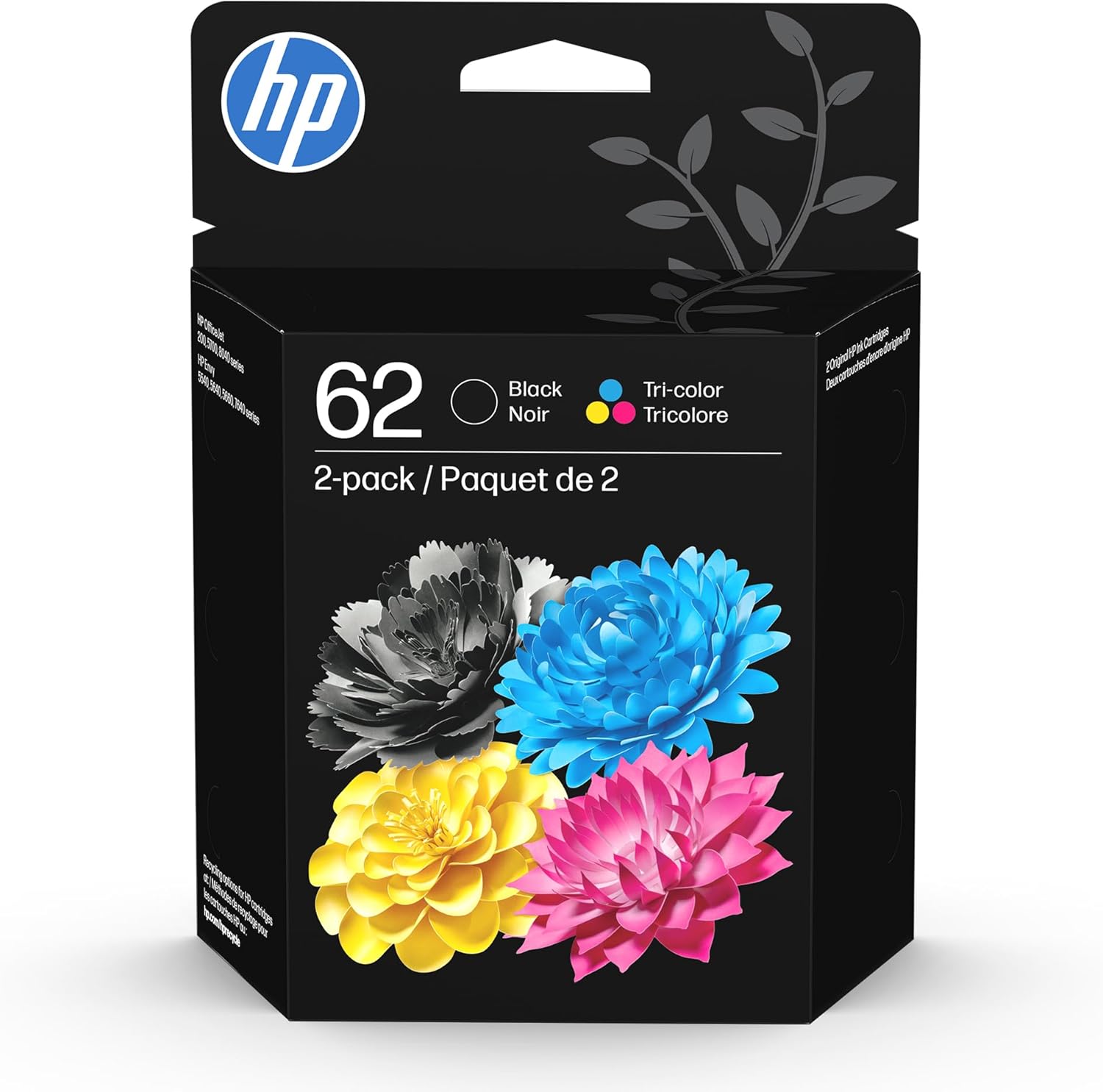 HP 62 Black/Tri-Color Ink (2-Pack) | Works with Envy 5540, 5640, 5660, 7640, OfficeJet 5740, 8040, OfficeJet Mobile 200, 250 | Instant Ink Eligible | N9H64FN | Packaging May Vary, Pack of 24