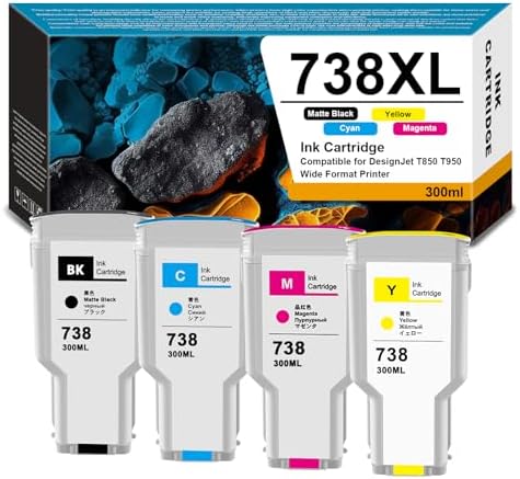 738 738XL Ink Cartridge 300-ml 4-Pack with Chip Replacement for HP 498N8A 676M6A 676M7A 676M8A Ink Cartridges for DesignJet T850 T950 Wide Format Printer Plotters Ink (BK/C/M/Y)