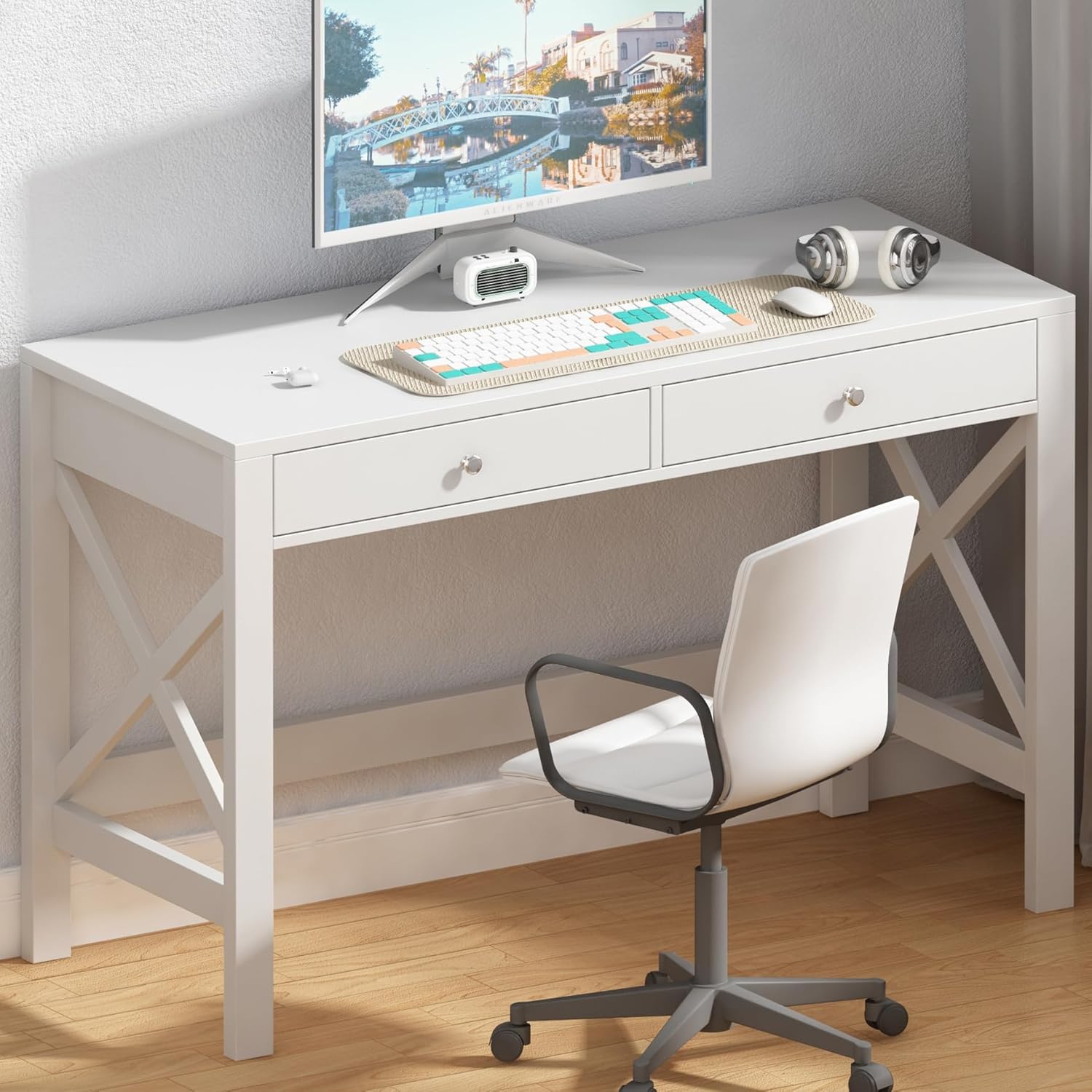 ChooChoo Computer Desk Study for Home Office, Modern Simple 40 Inches White Desk with Drawers, Makeup Vanity Console Table