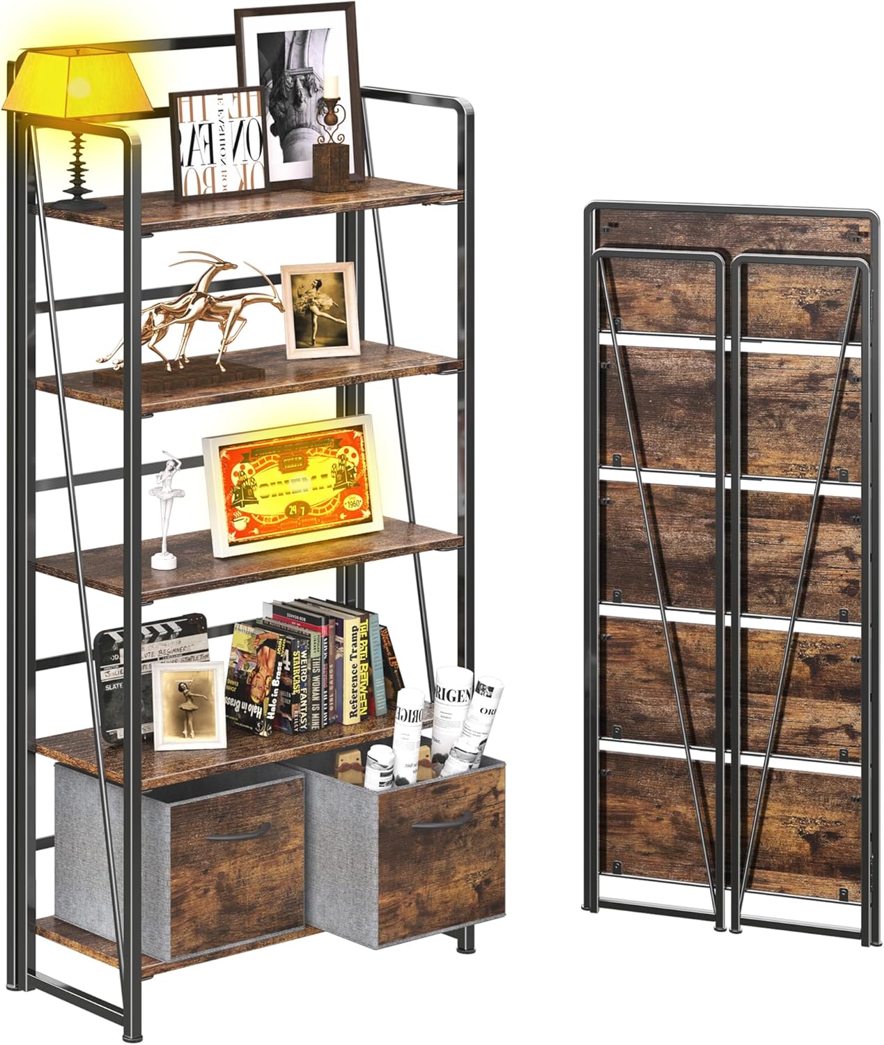 BHG No Assembly Folding Bookshelf for Living Room,Collapsible Book Shelf for Home Office, Portable Bookcase Storage Organizer Rack Shelves