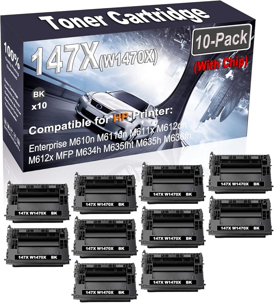 10-Pack (Black) Compatible Enterprise M610n M611dn M611x M612dn M612x Laser Printer Cartridge (High Capacity) Replacement for HP 147X W1470X (with Chip) Printer Cartridge