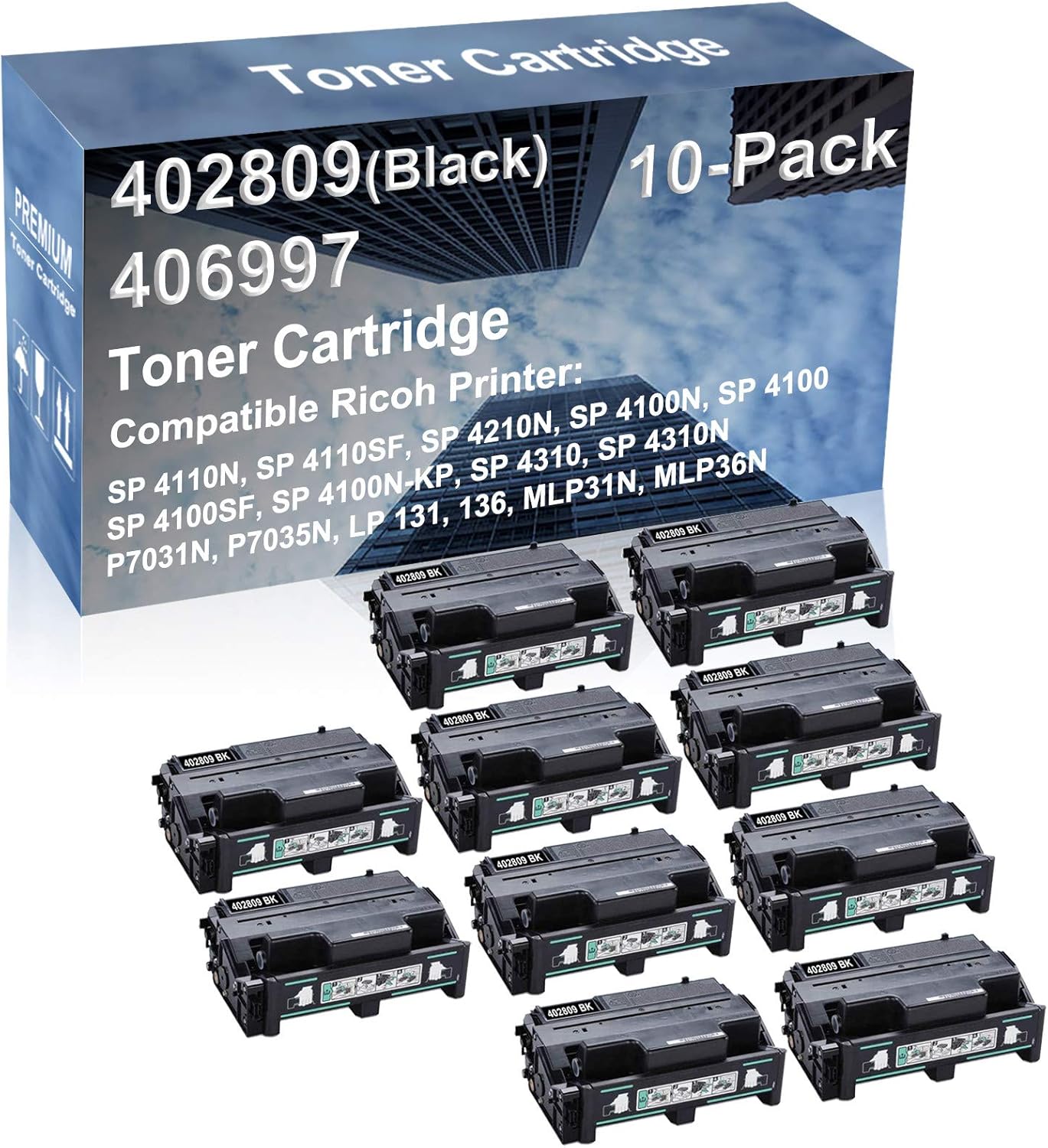 10-Pack Compatible High Capacity 402809/406997 Printer Cartridge use for Ricoh SP 4100SF, SP 4100N-KP, SP 4310, SP 4310N, P7031N, P7035N Printer (Black)