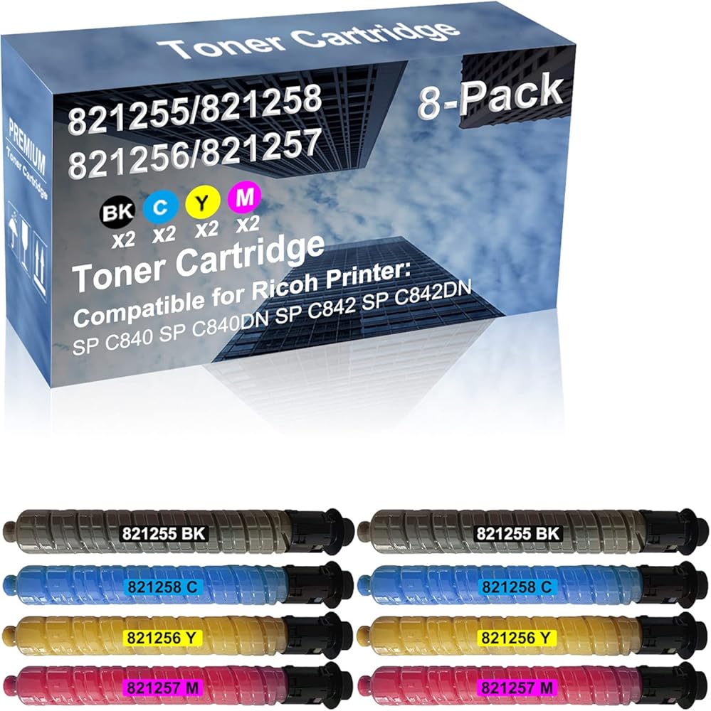 8-Pack (2BK+2C+2Y+2M) Compatible High Capacity 821255+ 821258+ 821256+ 821257 Toner Cartridge Used for Ricoh SP C840, SP C840DN, SP C842, SP C842DN Printer