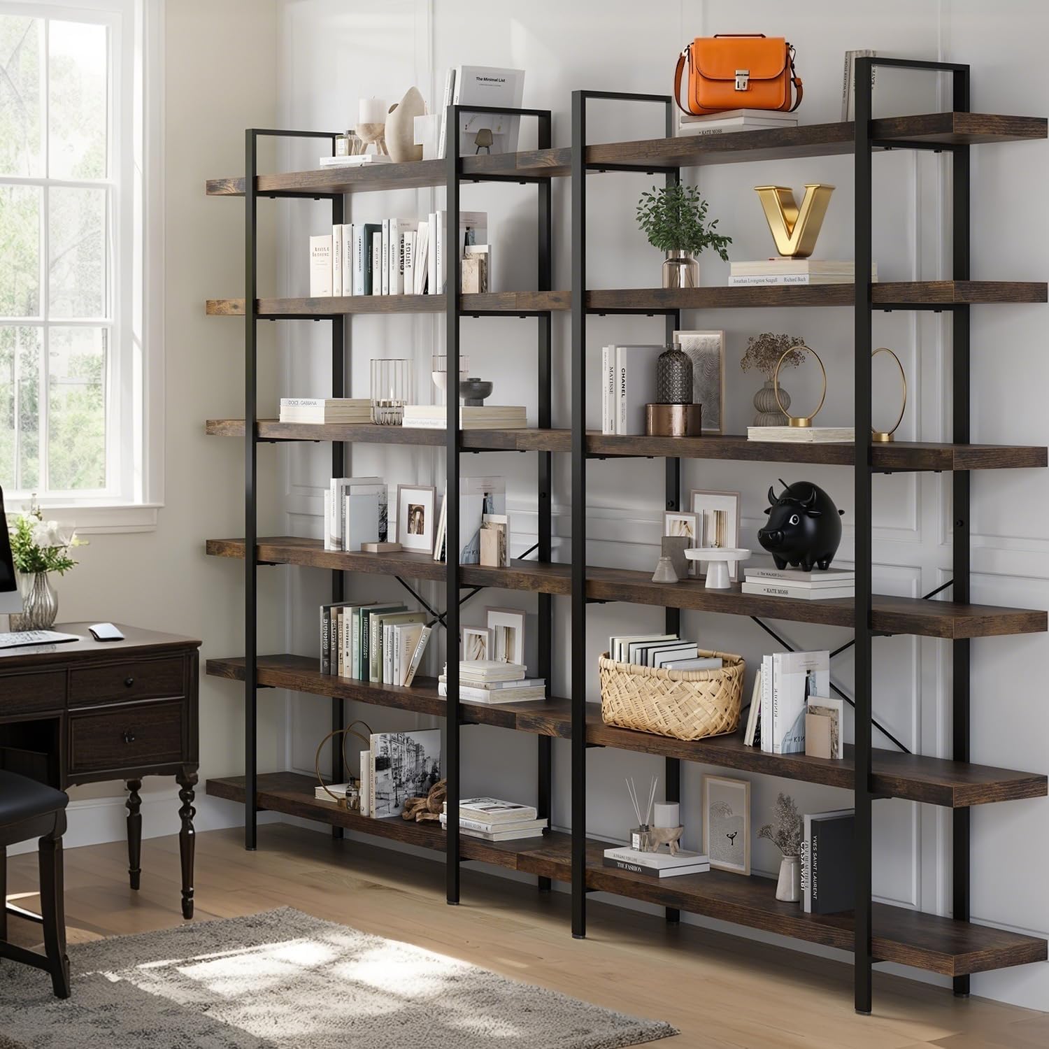 LotaTools 6 Tier Bookcase, 47 Inch Wide Wood Bookshelf, 120lbs Shelf Capacity, Rustic Open Shelving Industrial Display with Reinforced Horizontal Brown Shelves for Living Room Bedroom Office 2 Set