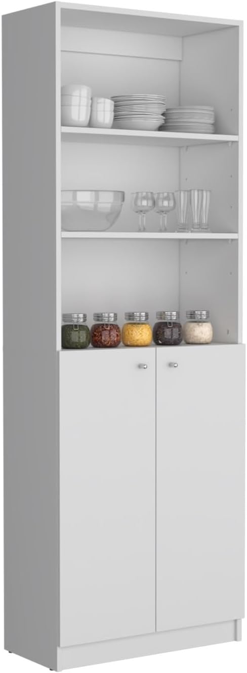2-Door Bookcase with Upper Shelves, White,for Kitchen