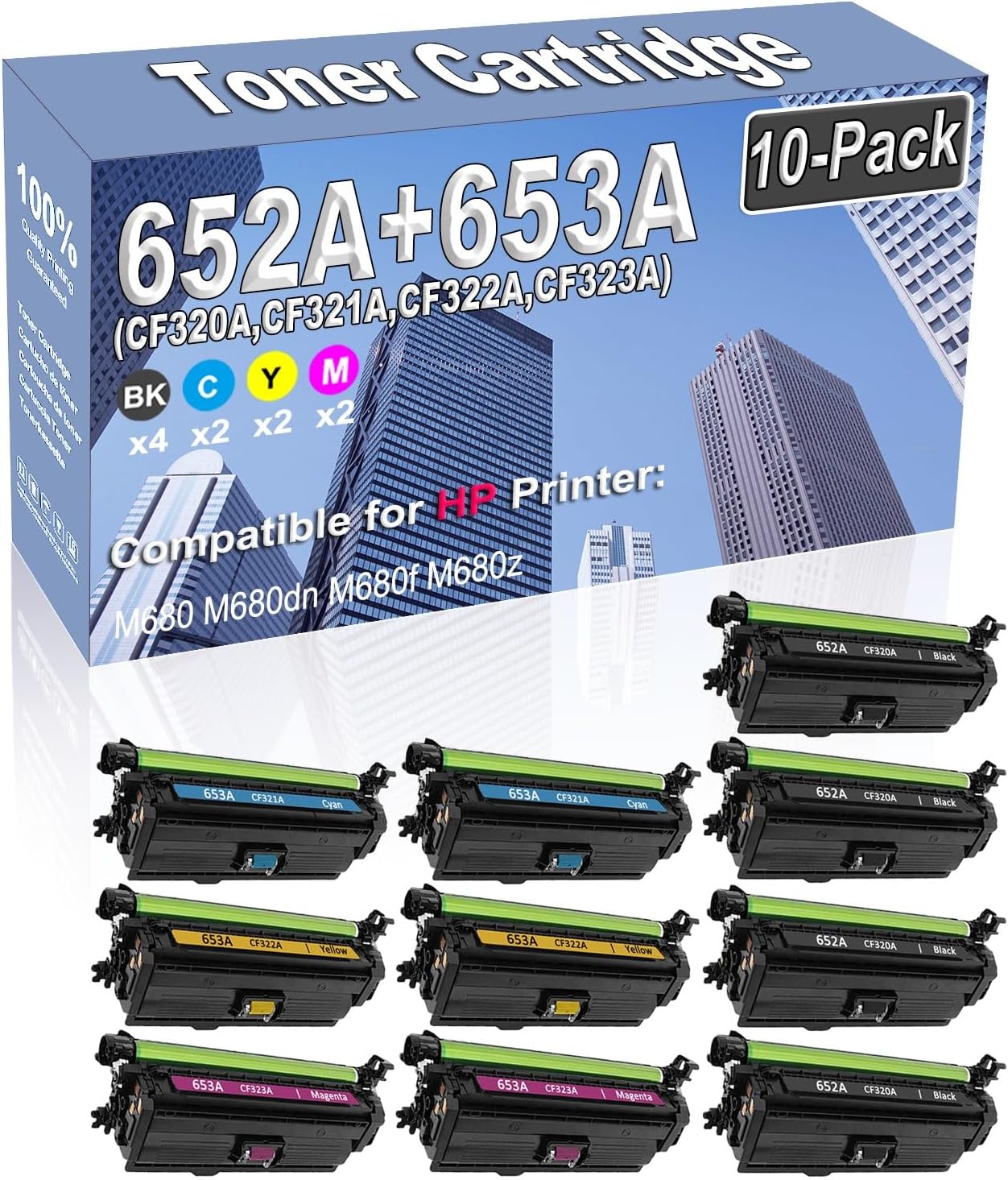 10-Pack (4BK/2C/2Y/2M) Compatible High Capacity 652A 653A (CF320A CF321A CF322A CF323A) Color Toner Cartridge use for HP M680 M680dn M680f M680z Printer