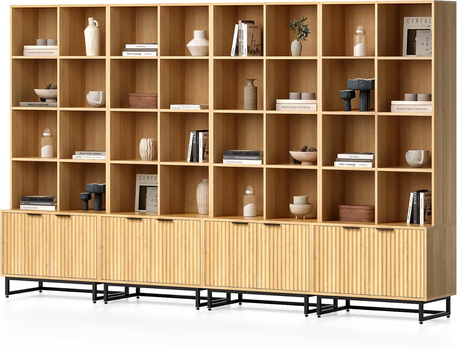 MoomJiee Fluted Bookshelf with Doors Set of 4, 71'' Tall Bookcase 6 Tier Display Cabient with Adjustable Shelves Farmhouse Bookshelves with Storage for Living Room Home Office, Natural Oak/2-Door