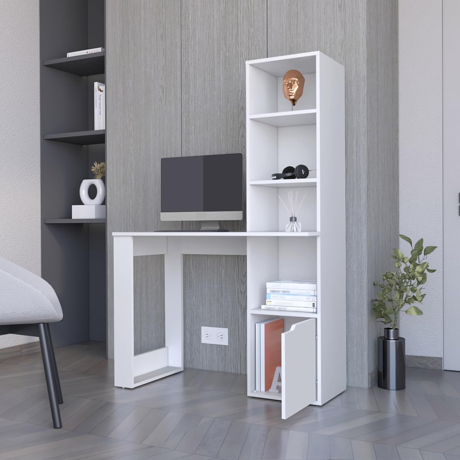 Office Desk, White Finish,Integrated Four-Tier Bookcase (12.2