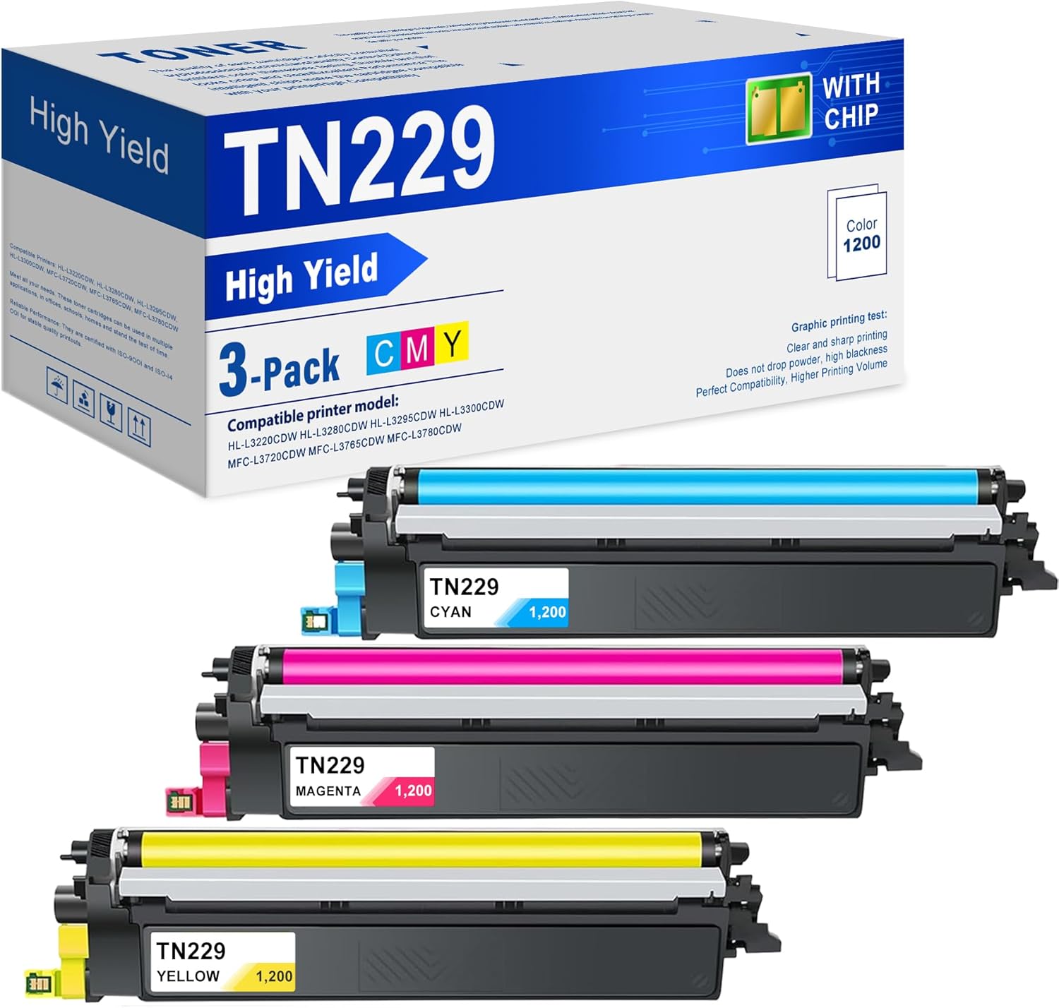 TN229 MFC-L3780CDW Toner Cartridges 3 Pack: TN229C TN229M TN229Y Toner Compatible Replacement for Brother TN229 TN229XL Toner for MFC-L3720CDW HL-L3280CDW HL-L3220CDW HL-L3300CDW Printer