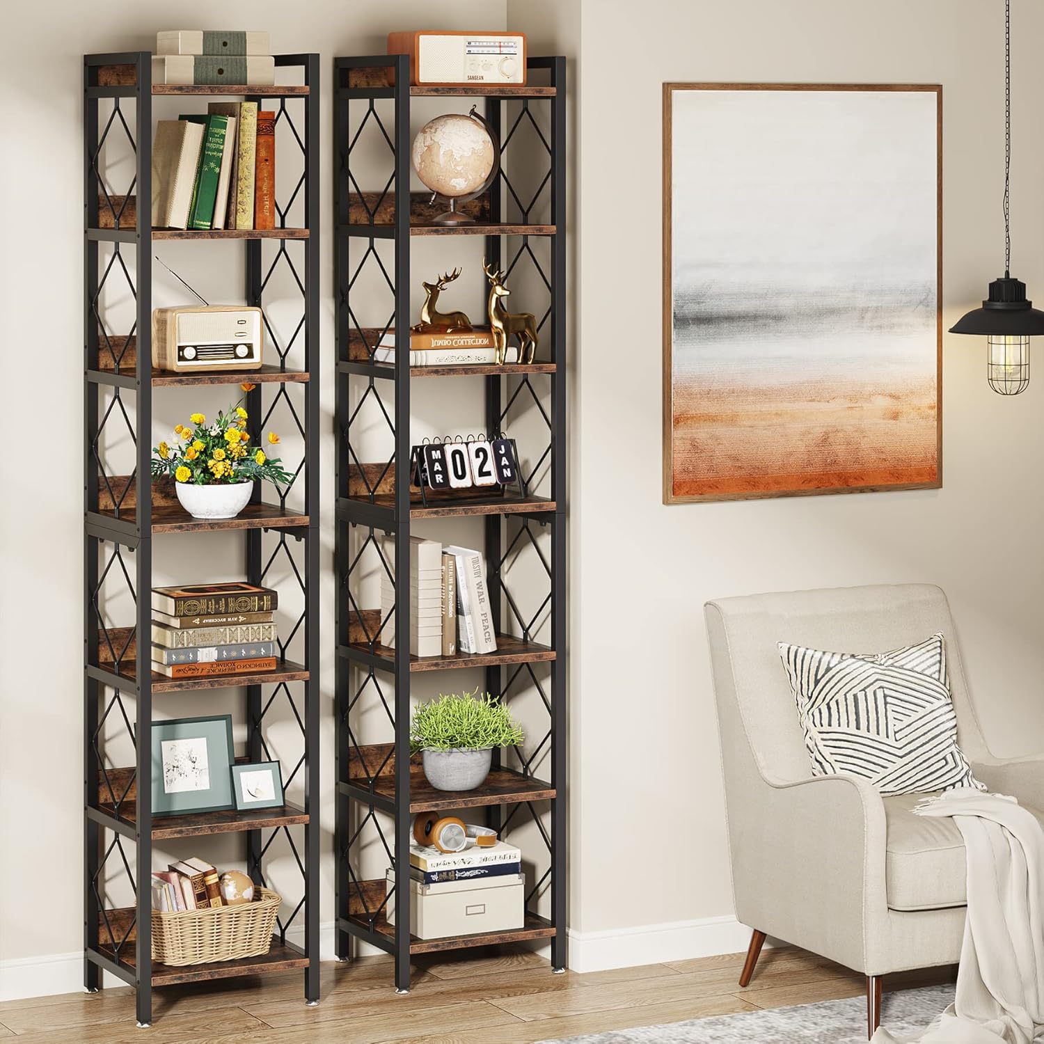 Tribesigns 78.7 Inch Extra Tall Narrow Bookshelf Set of 2, 7 Tier Skinny Bookcase for Small Spaces, Freestanding Display Shelves, Multifunctional Corner Storage Organizer for Home Office, Rustic Brown