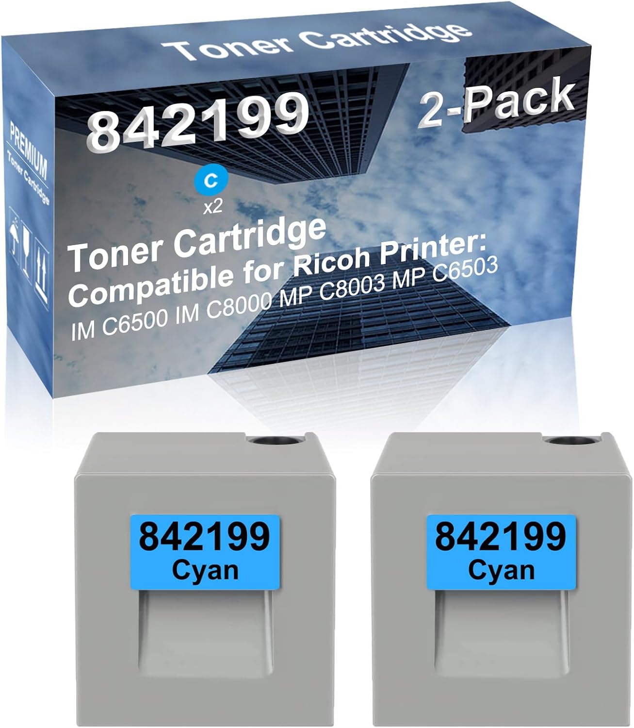 2-Pack (Cyan) Compatible IM C6500, IM C8000, MP C8003, MP C6503 Printer Toner Cartridge High Capacity Replacement for Ricoh 842199 Toner Cartridge