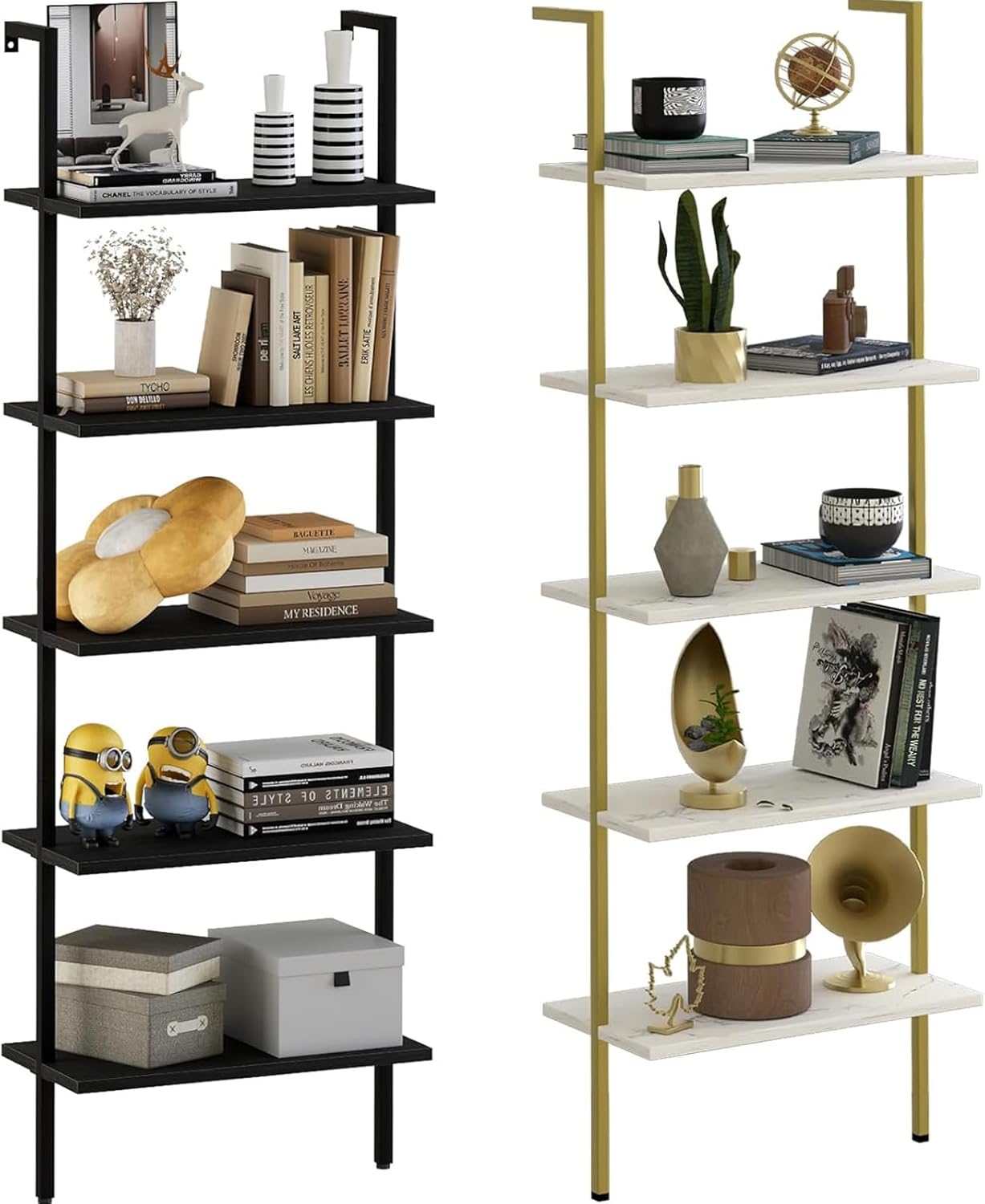 aboxoo Ladder Shelf White Marble Bookshelf 5-Tier Wall-Mounted Wood Rack Industrial Modern Plant Flower Stand Utility Organizer Open Bookcase Metal Frame Furniture Office Kitchen Bedroom