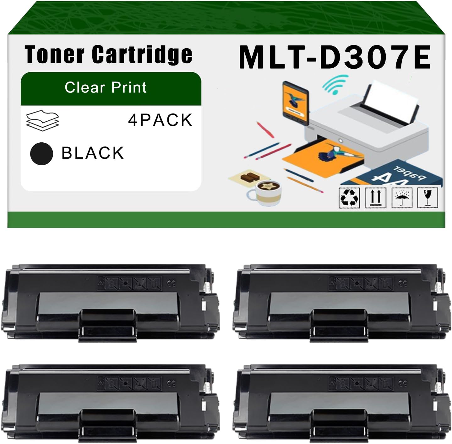 Compatible for Samsung MLT-D307E Toner Cartridge ML-4512ND ML-5012ND ML-5017ND Printers, High Yield 30000 Pages Bright Clear Colors (4 Pack Black)