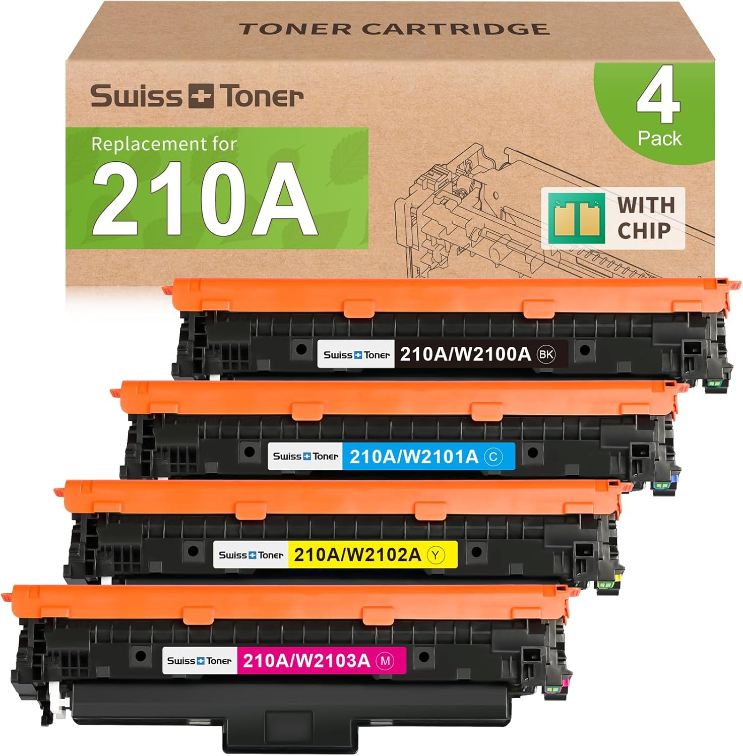 swiss toner 210A Toner Cartridges 4 Pack with Chip Compatible for HP 210A 210X Toner Replacement for HP Color LaserJet Pro MFP 4301fdw 4301fdn 4201dw Pro 4201dn 4201dw W2100A W2100X High Yield (BCMY)