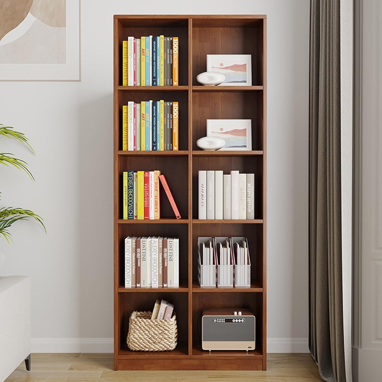 Fukory Solid Rubberwood Bookshelf with Legs, Mid-Century Modern Cube Storage Organizer, Heavy Duty Open Shelf Bookcase for Vinyl Records, Montessori Toys, and Home Office Display(Walnut,10-Cube)