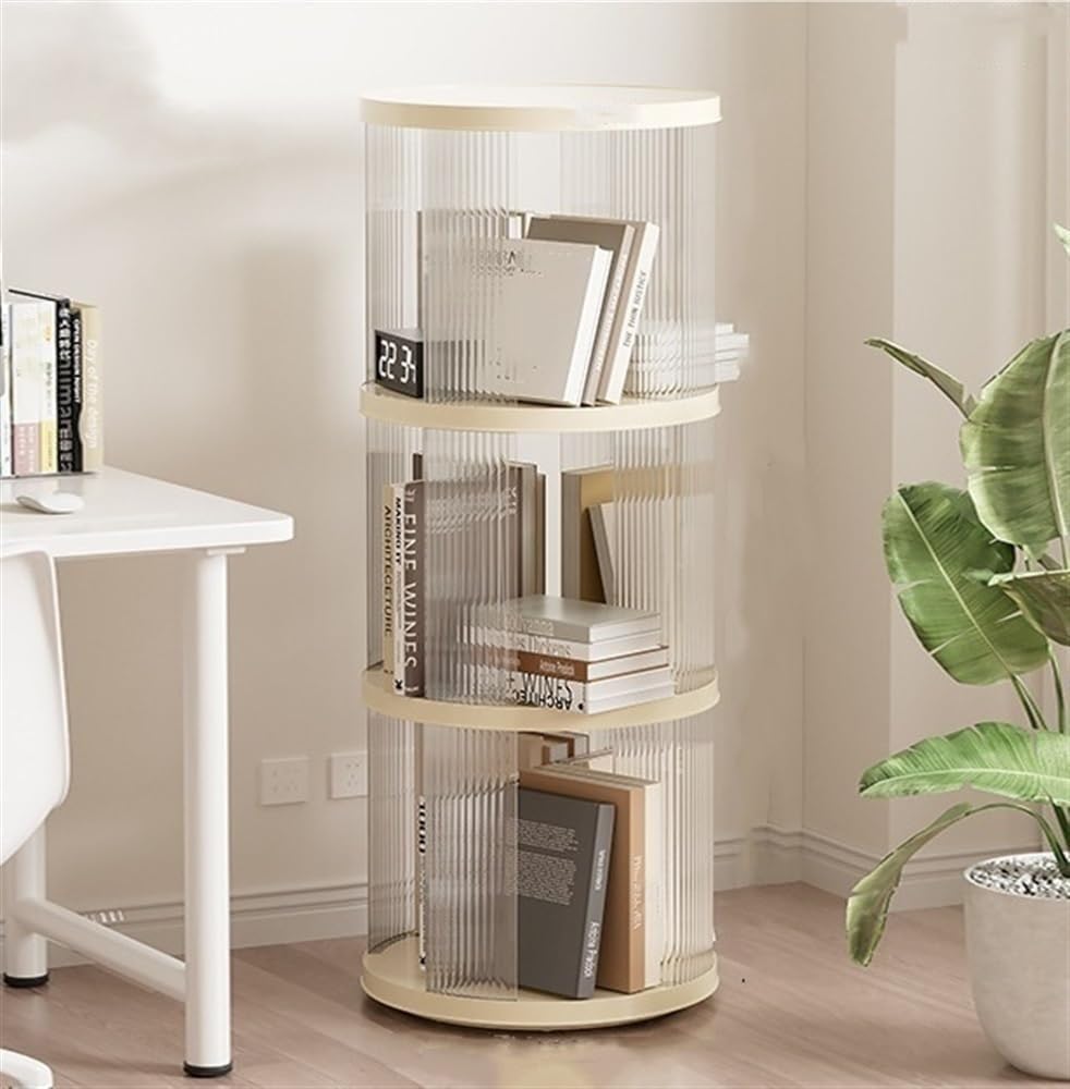 2/3/4/5 Tier White Rotating Bookshelf Tower 360° Revolving Bookcase Floor Standing Corner Shelf Storage Rack for Study Office Practical(3 Tier)