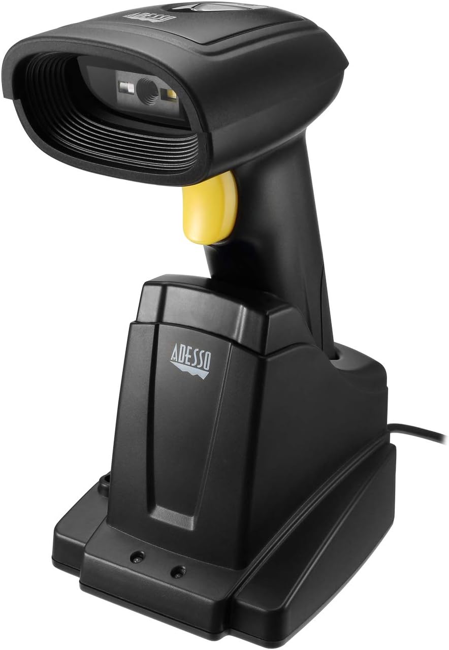 Adesso NuScan 7400TR 2.4 GHz Wireless 2D Barcode Scanner with Charging Stand Support QR Code, PDF 417, and Data Matrix, scan POS Mobile Shipping Social Media Retail badget Warehouse Library