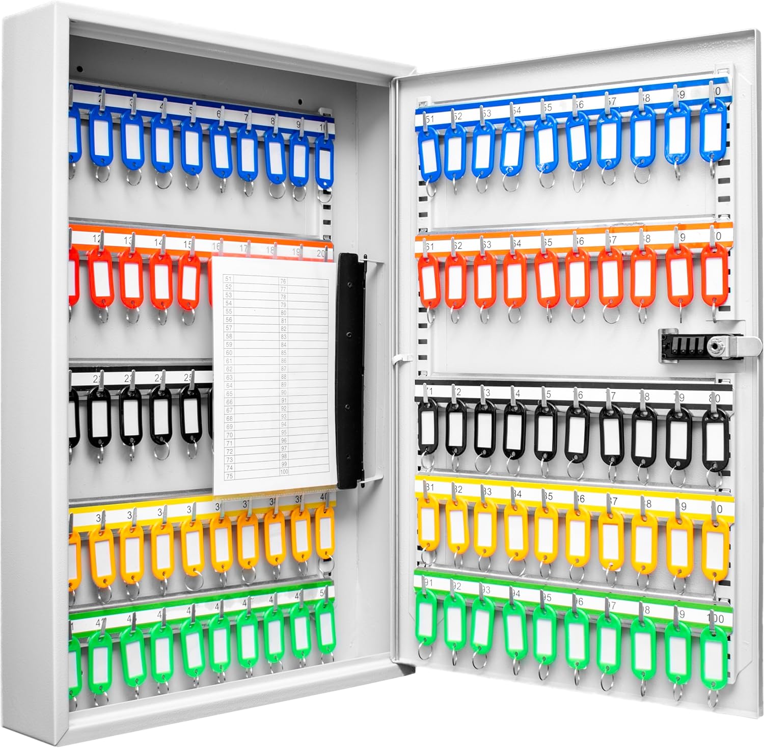 Barska 100 Position Combination Key Lock Box – Wall Mount Steel Key Cabinet with Adjustable Numbered Hooks, Index Log, Colored Tags for Office or Business