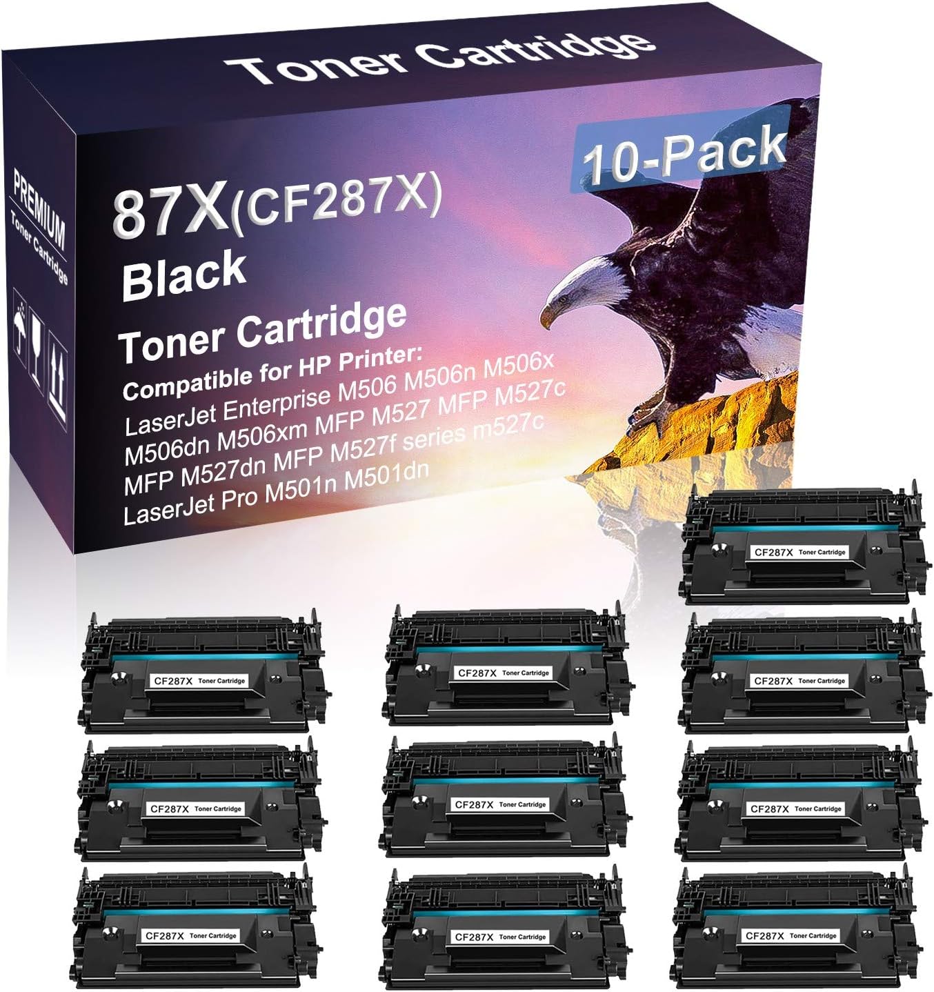 10 Pack Compatible High Capacity 87X | CF287X Laser Printer Toner Cartridge use for HP M501n M501dn Printer (Black)