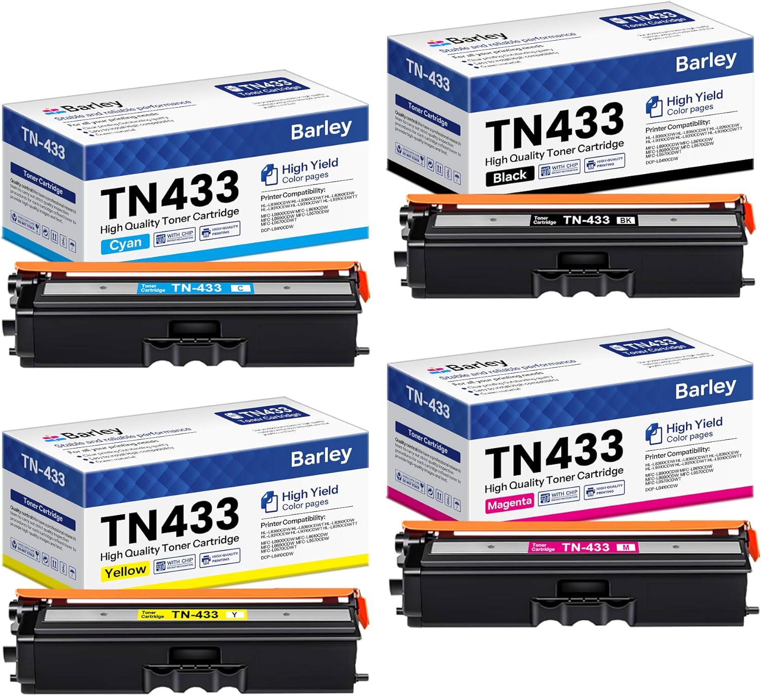 TN433 TN-433 Toner Cartridge 4-Pack High Yield Compatible TN433BK TN433C TN433M TN433Y Replacement for Brother TN433 TN-433 433 MFC-L8900CDW HL-L8360CDW Printer.