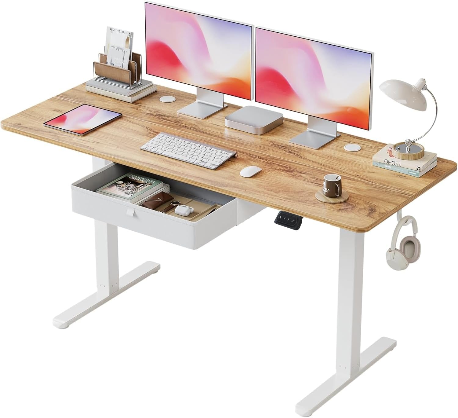 BANTI 55x24 Inches Electric Standing Desk with Drawer, Adjustable Height Sit Stand Desk, Stand Up Home Office Desk, Ergonomic Computer Desk, Light Rustic Brown