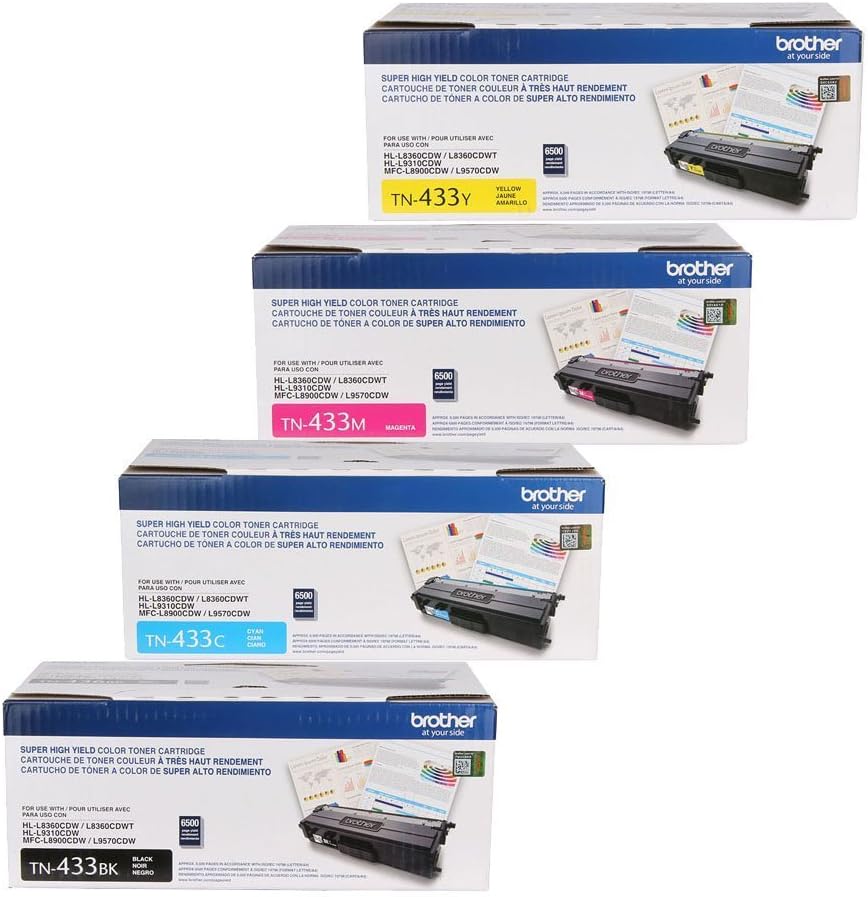 Brother TN-433 High Yield Toner Cartridge Set - Black 4,500 /Color 4,000 Yield