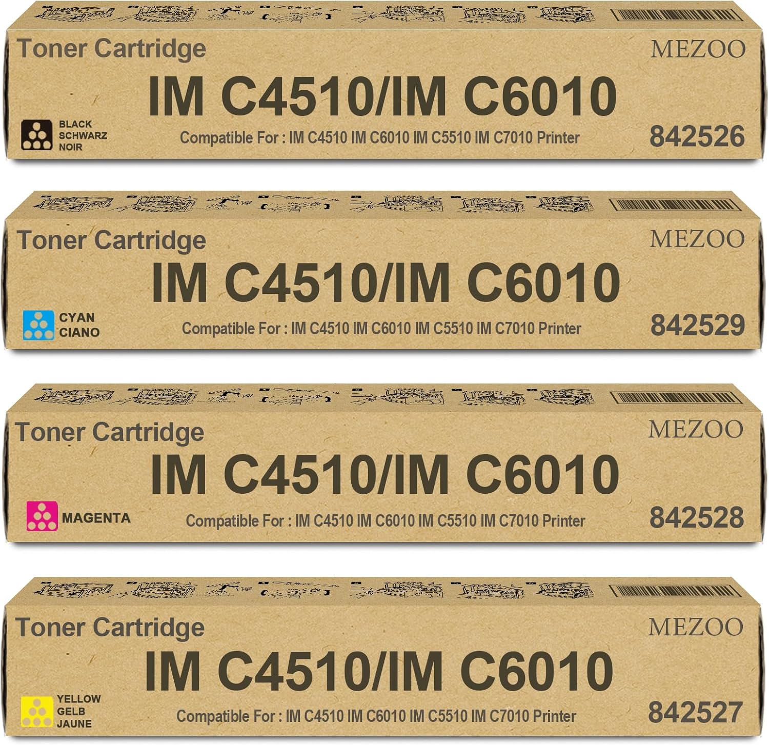 MEZOO IMC4510 IMC6010 Toner Cartridge 842526 842527 842528 842529 Toner Compatible with Lanier Savin IM C4510 IM C6010 IM C5510 IM C7010 IM C4510SD IM C6010SD Printer(4Pack,Black Cyan Magenta Yellow)