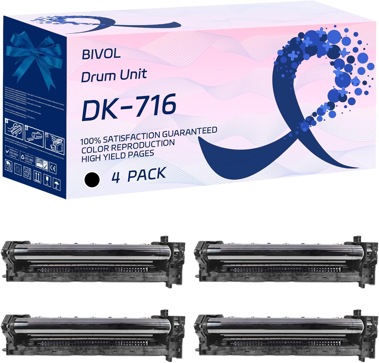 BIVOL DK-716 Drum Unit Compatible for Kyocera KM-4050 KM-5050 TASKalfa 420i 520i Printers, with Chip, High Yield 600000 Pages, Vivid Colors (4 Pack Black)