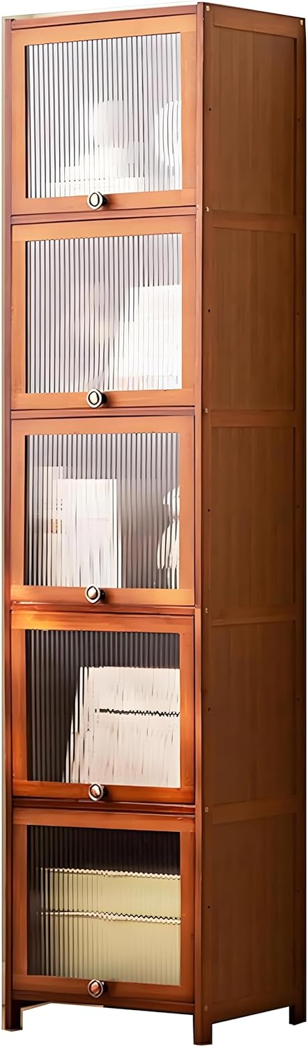 Bamboo Display Case Bookcase with Clear Doors,Storage Cabinet Organizer,Transparent Bamboo Curio Display Case,Ideal for Living Room, Study, and Office Storage Organization (5-Tier)