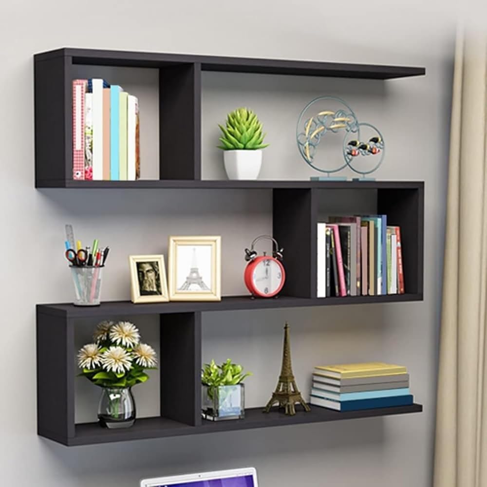 TPTBON 3-Tier Wood Geometric Bookcase, Cube Floating Shelves, Modern Wall Shelf with 3 Shelves, Black, Large