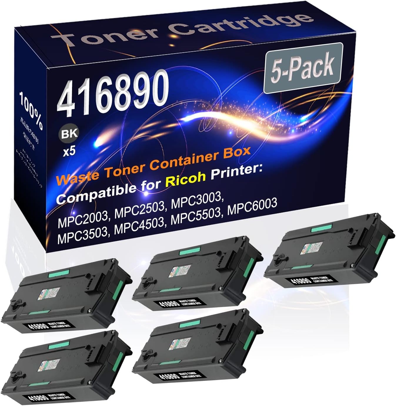 Kolasels 5-Pack (Black) Compatible MPC2003 MPC2503 MPC3003 MPC3503 MPC4503 Waste Toner Container Box (High Capacity) Replacement for Ricoh 416890 Laser Printer Cartridge