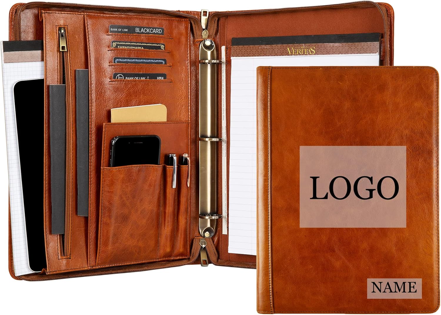 Leather Portfolio Binder - 3 Ring Padfolio Organizer, Handmade Personalized for Women, iPad Laptop for Men - Brown, Custom