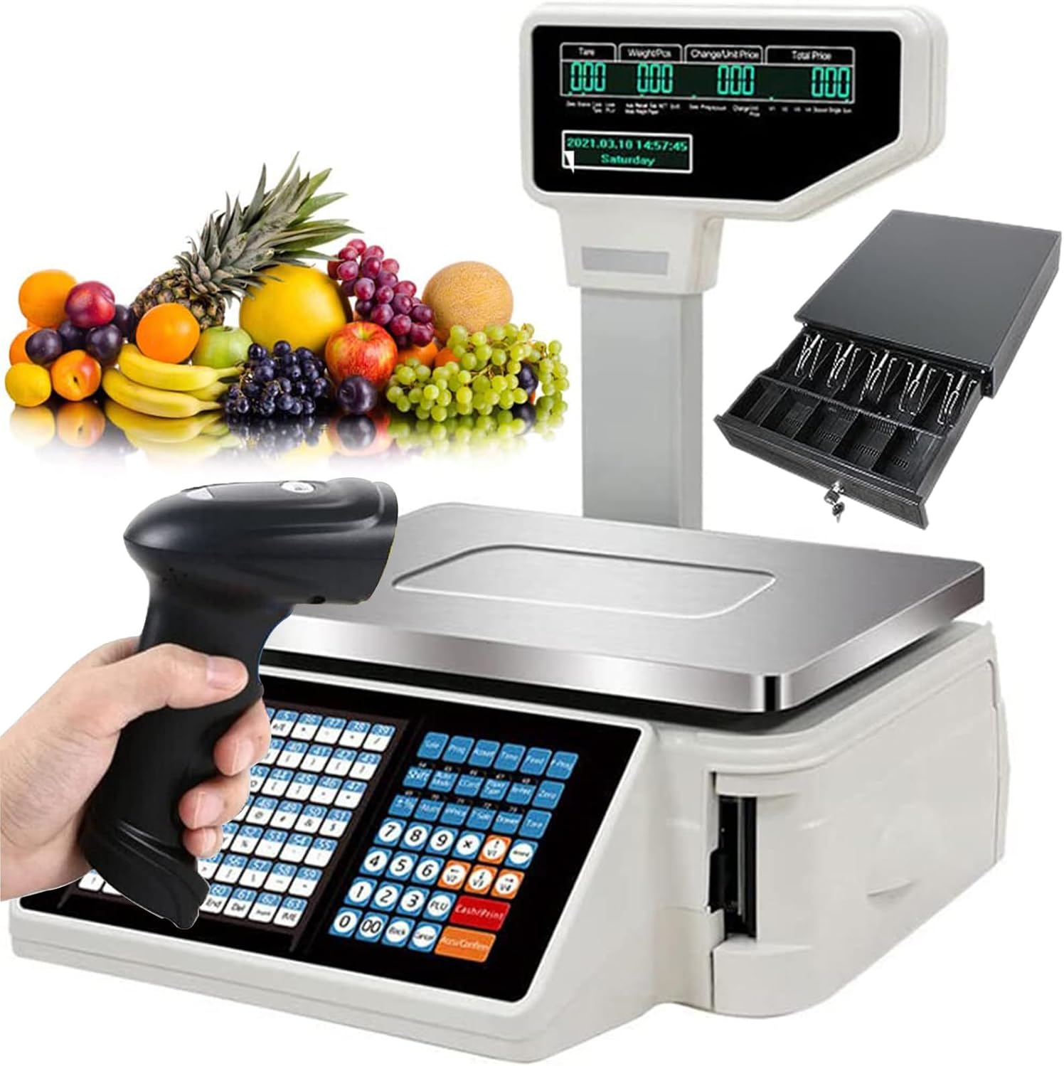 GGAHDSRH Digital Price Label Printing Scale, Electronic Weight Calculator Barcode Scales, Electronics Barcode Thermal Printer, for Supermarket/Retail Store,Machine+Cashbox,Machine+Scanner+Cashbox