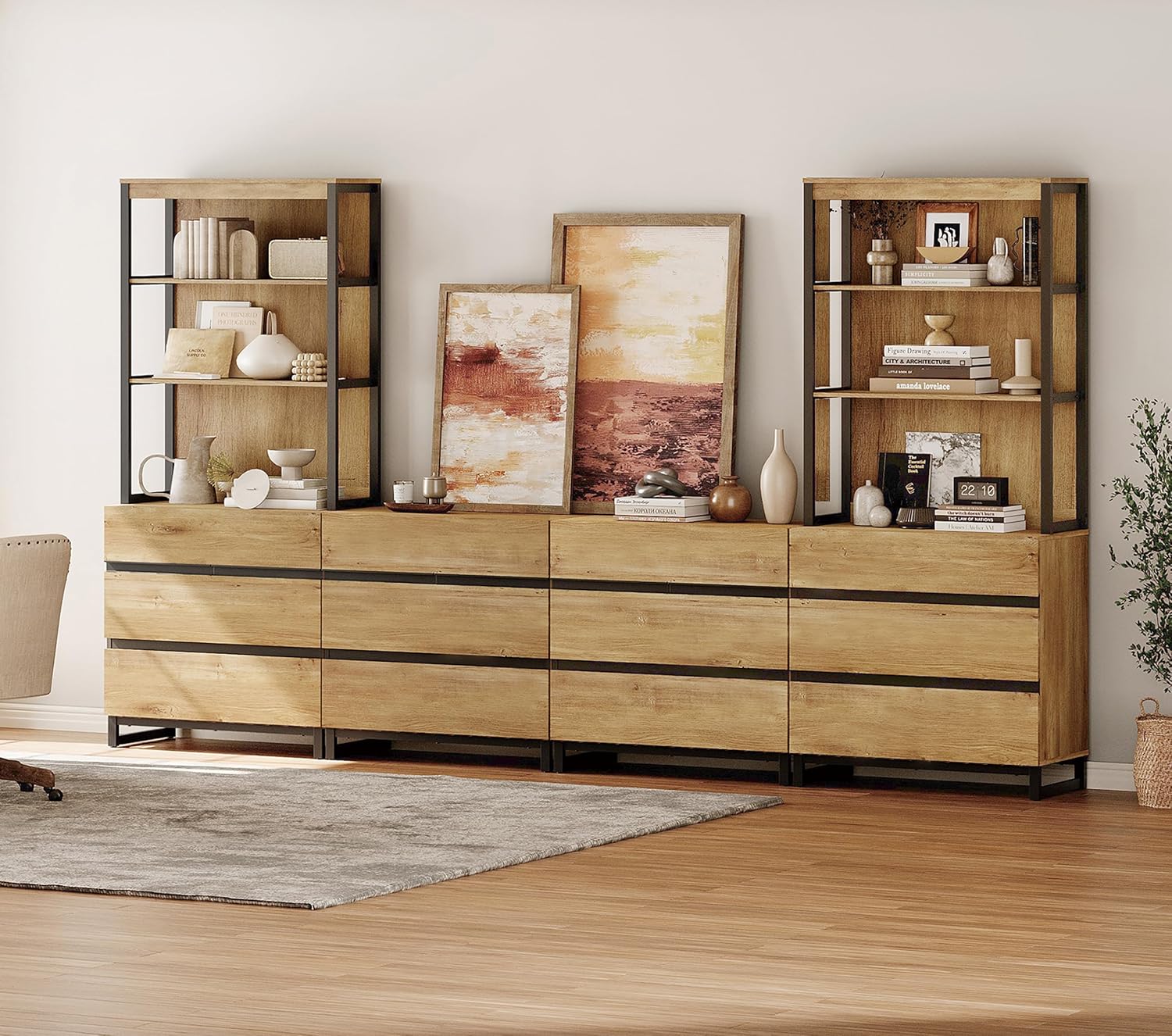 WAMPAT 3 Tier Modern Bookshelf with 12 Drawers, 72