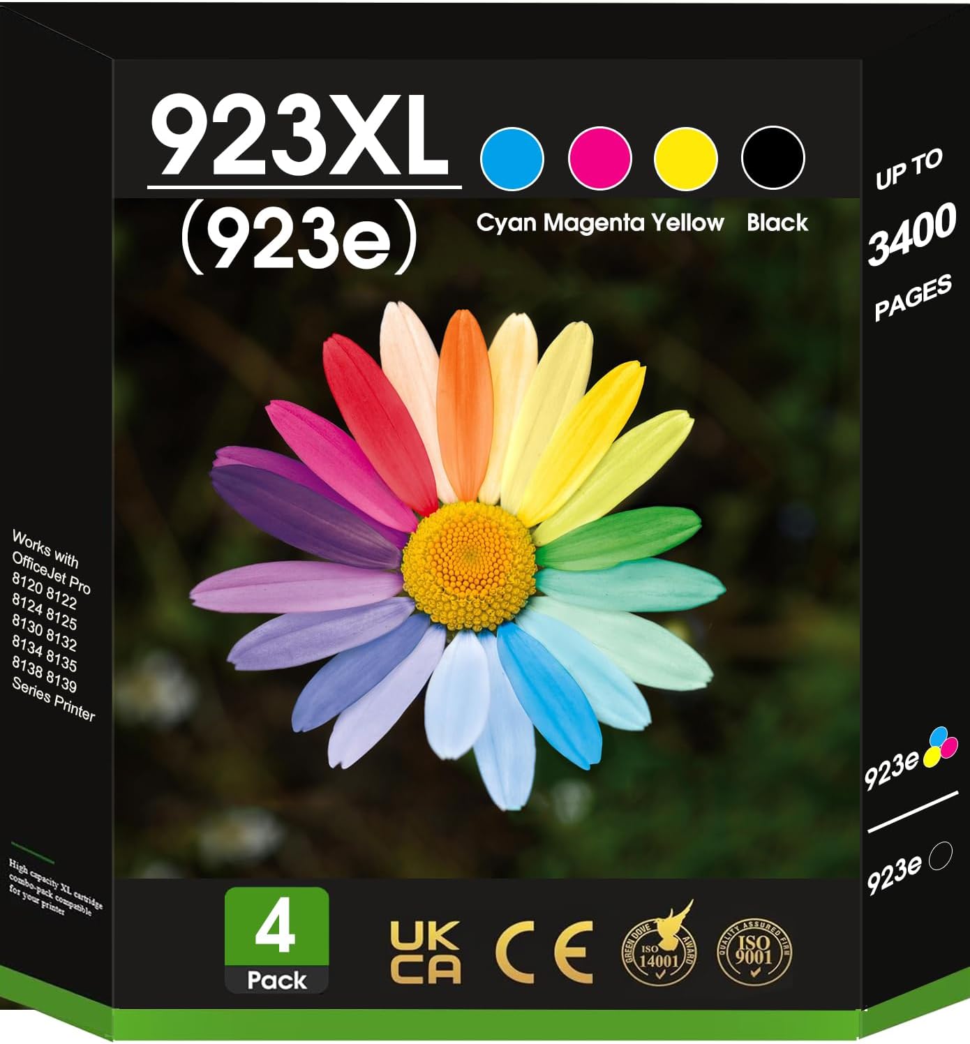 923 Ink Cartridges Combo Pack with Chip High Yields - Replacement for HP Ink 923 - Use for OfficeJet Pro 8120 8123 8130 8133 8135e 8138e 8139e 8122e Printer - 4 Pack Black Cyan Magenta Yellow